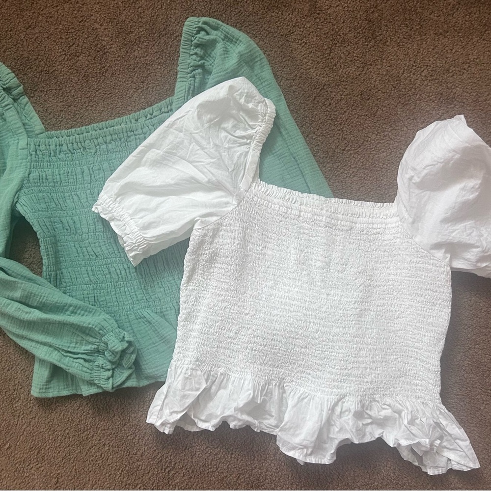 J. Crew White Smocked Puff Sleeve Ruffle Top & Green Smocked Square Neck Top